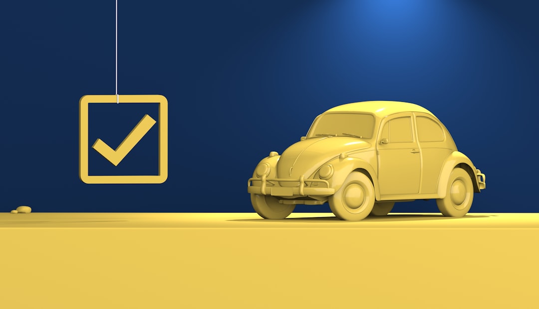 3D illustration of a yellow car with a checkmark symbol in the background
