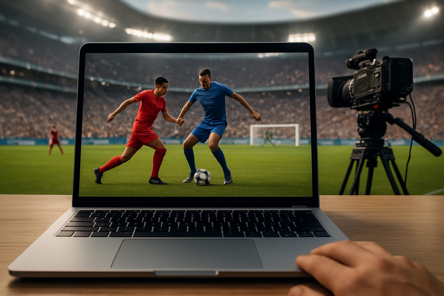 A laptop displaying a vibrant soccer game with two players in action on a field, with a camera in the background capturi